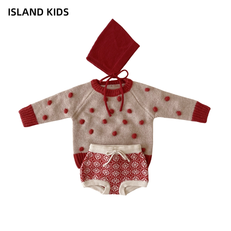 island 女童圣诞新年红色毛衣套装女宝ins球球手工针织圆领羊绒衫