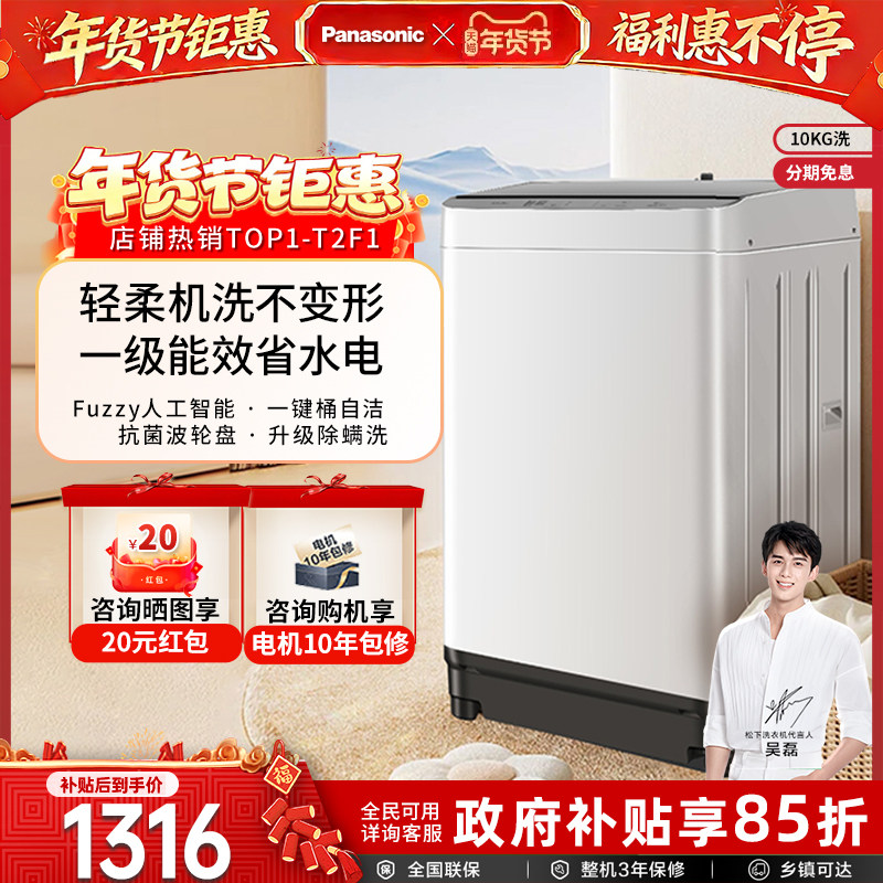 松下波轮洗衣机全自动家用10kg除螨抗菌以旧换新补贴一级能效T2F1