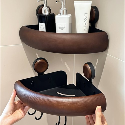 MOMO·中古风置物架免打孔三角转角吸盘壁挂式木纹沐浴收纳架PH