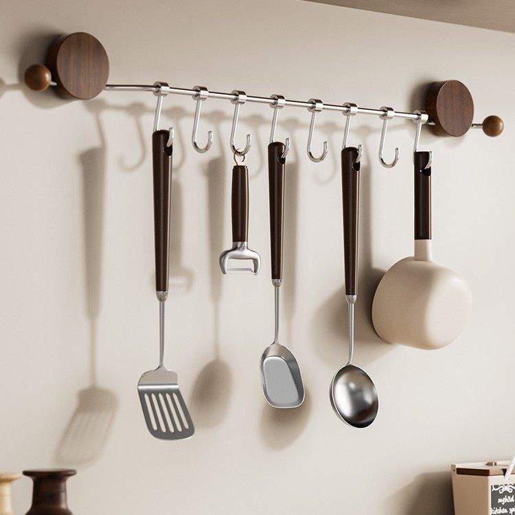 MOMO厨房挂钩免吸盘打孔挂杆置物架锅铲勺子专用多功能一排挂架