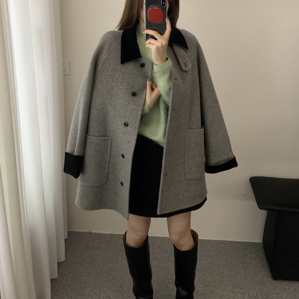 noodle面条家-韩系简约丝绒拼接领羊毛外套（含90澳毛）N80001