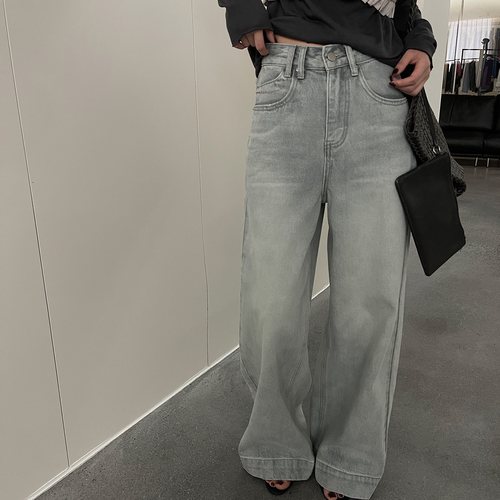 WELOVER上新韩系简约浅灰水洗阔腿垂感宽松直筒长裤牛仔裤93023A