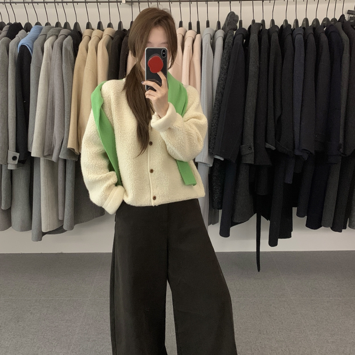 noodle面条家-单排扣圈圈绒短款宽松慵懒风开衫外套毛衣N10225