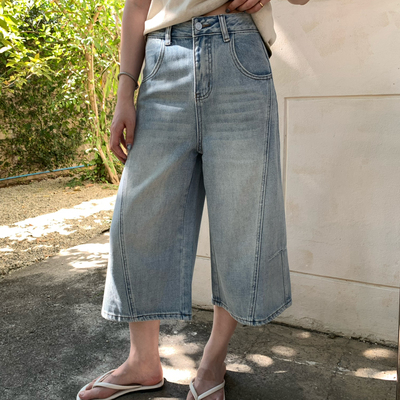 KITTIN-26年早春韩系设计感宽松美式复古直筒七分牛仔裤90112#