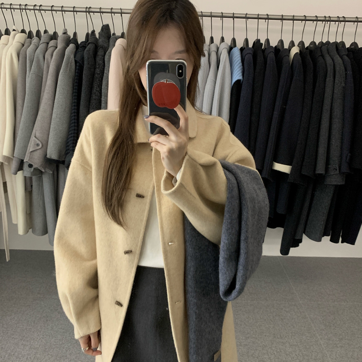 noodle面条家-大衣超好卖韩系牛角扣A字版小个子羊毛外套N81023