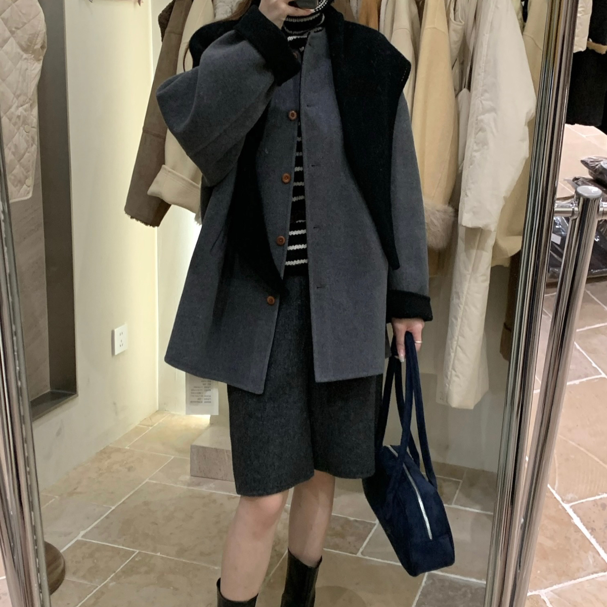 AN-拆卸披肩围巾气质宽松圆领羊毛外套(配披肩)（含70羊毛）C7006