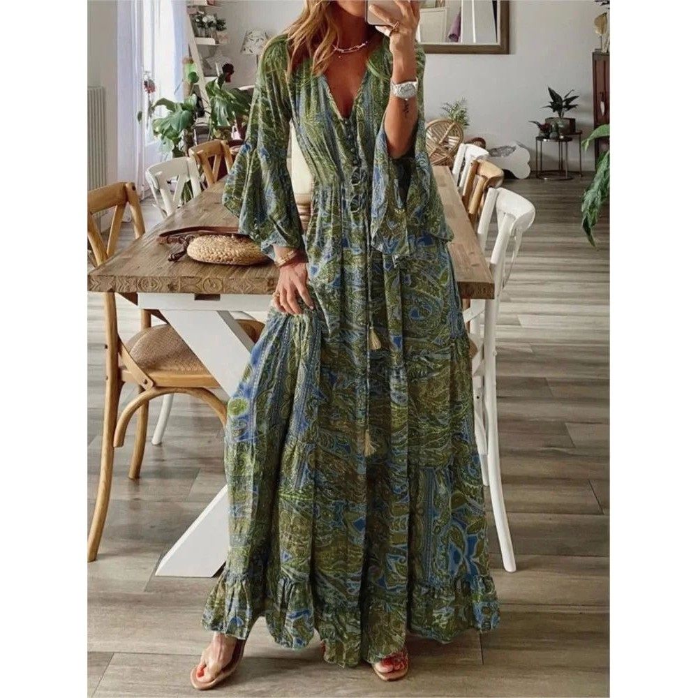 V-neck high waisted floral dress喇叭袖印花V领高腰碎花连衣裙