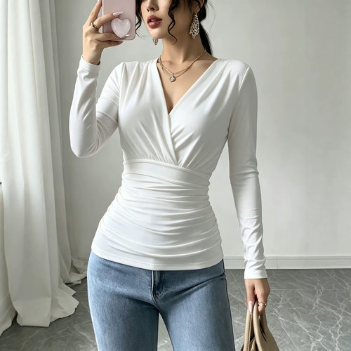 V-neck pleated waistcinchedlongsleevedtopV领褶皱收腰长袖上衣