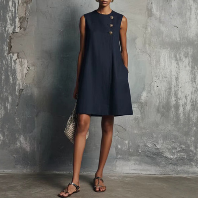 Round neck sleeveless button up dress  圆领无袖纽扣连衣裙
