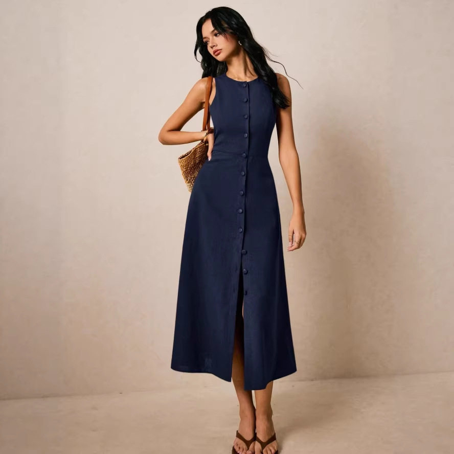 Sleeveless single breasted lace up dress无袖单排扣系带连衣裙