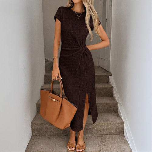 Waist cinched slit short sleeved dress 收腰开叉短袖连衣裙