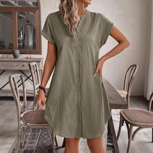 V领纽扣女士休闲连衣裙  V-neck button women's casual dress