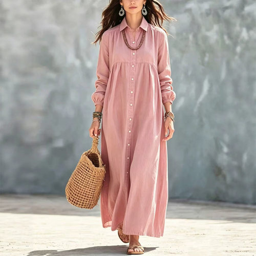 Flip collar button casualjumpsuitlongskirt翻领纽扣休闲连衣裙