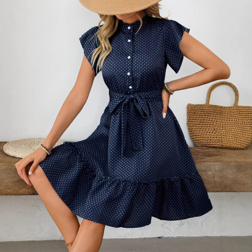 波点系带荷叶袖连衣裙Wave point lace up ruffle sleeve dress