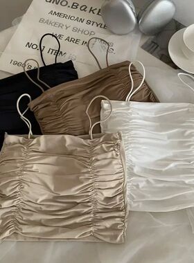 Strap pleated slimming strapless top 吊带褶皱显瘦抹胸上衣女