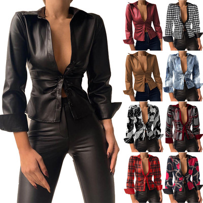 翻领长袖束腰上衣纯色吊带背心