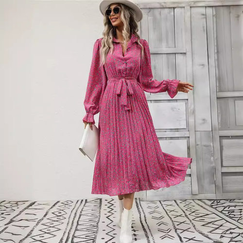 V-neck lace up long sleevedpleateddressV领系带长袖百褶连衣裙