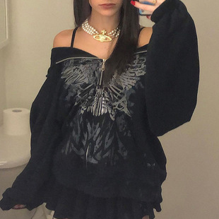 zippered casual sweater印花连帽休闲拉链卫衣女 hooded Printed