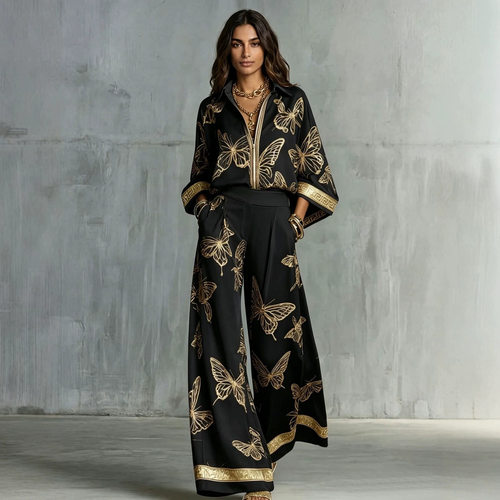 Printed shirt wide leg pantstwo-pieceset印花衬衫阔腿裤两件套
