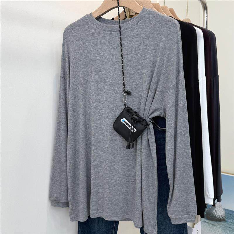 莫代尔面膜T收口长袖弹力宽松上衣女高个子中长款秋冬净色圆领t恤