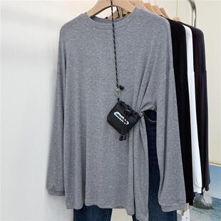 莫代尔面膜T收口长袖弹力宽松上衣女高个子中长款秋冬净色圆领t恤