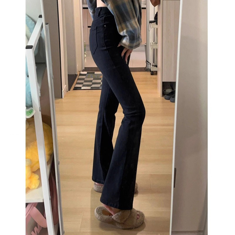 黑色微喇叭牛仔裤女秋冬新款高腰弹力修身显瘦小个子拖地马蹄裤子