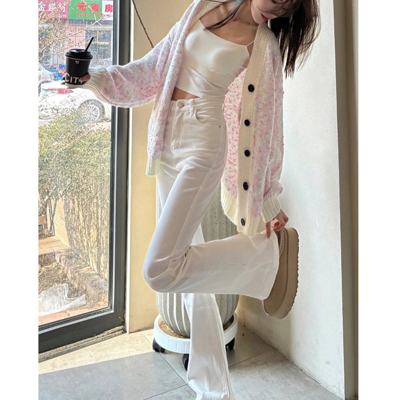美式白色微喇叭牛仔裤女夏季新款高腰修身显瘦垂感加长拖地马蹄裤