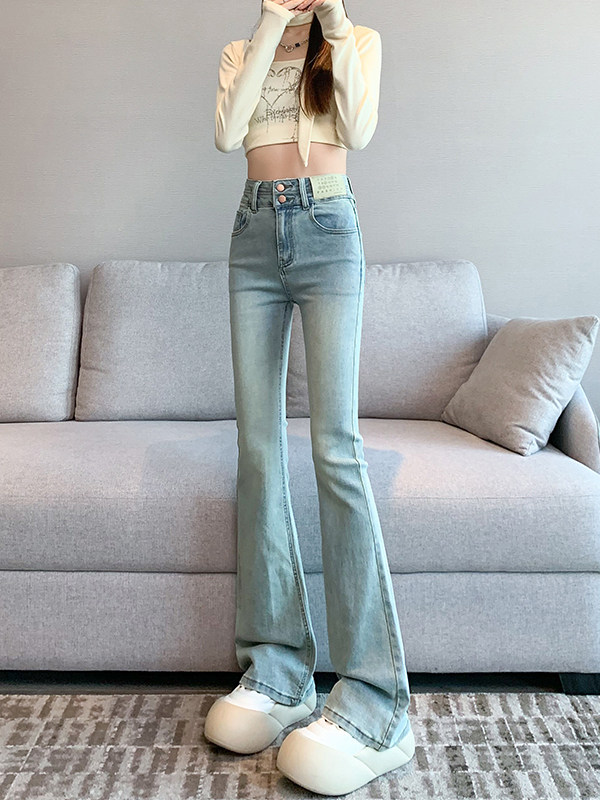 浅色微喇牛仔裤女秋冬新款2025春秋小个子高腰显瘦加绒喇叭裤长裤