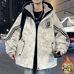 大易男装加绒加厚外套潮流时尚百搭保暖夹克青少年连帽帅气冬装