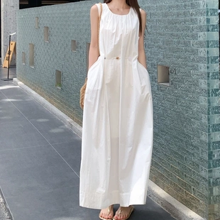 欣怡精致女装白色长裙夏季法式复古设计感小众连衣裙女士斜肩圆领