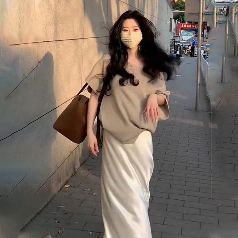 大码巨好看的夏装穿搭一整套女胖mm高级感醋酸缎面半身裙两件套装