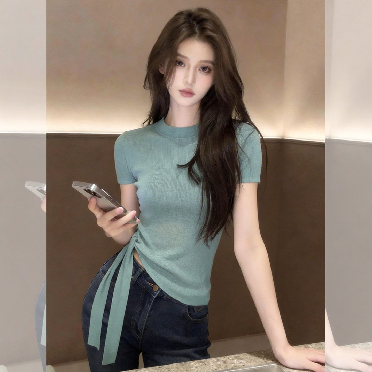 独特别致薄荷绿短袖针织图片