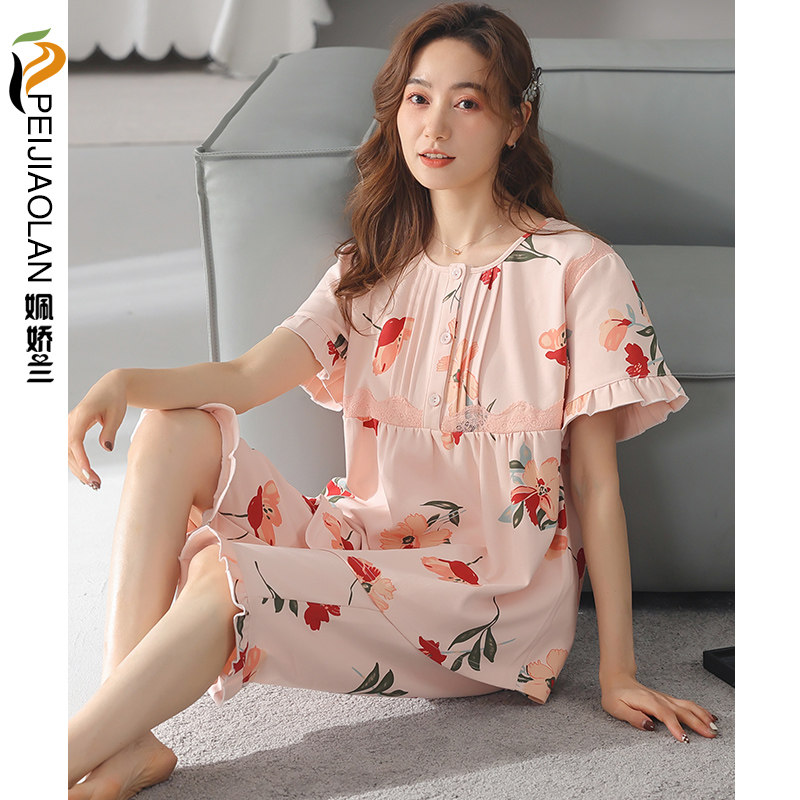 新款睡衣女士春夏季薄款纯棉短袖7分裤 全棉家居服中年可外穿套装