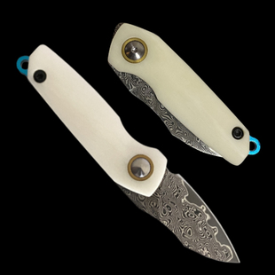 新款手工锻打大马士革钢高硬度精致折叠小刀染色牛骨手柄携带方便