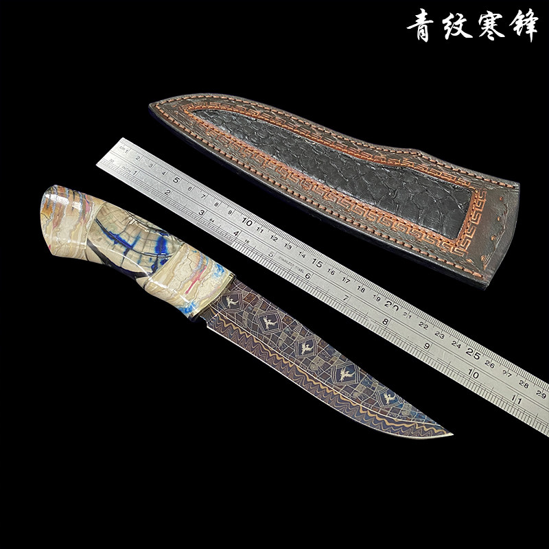 手工直刀 瑞典大马士革钢烤蓝马赛克纹精选材质手柄握感舒适