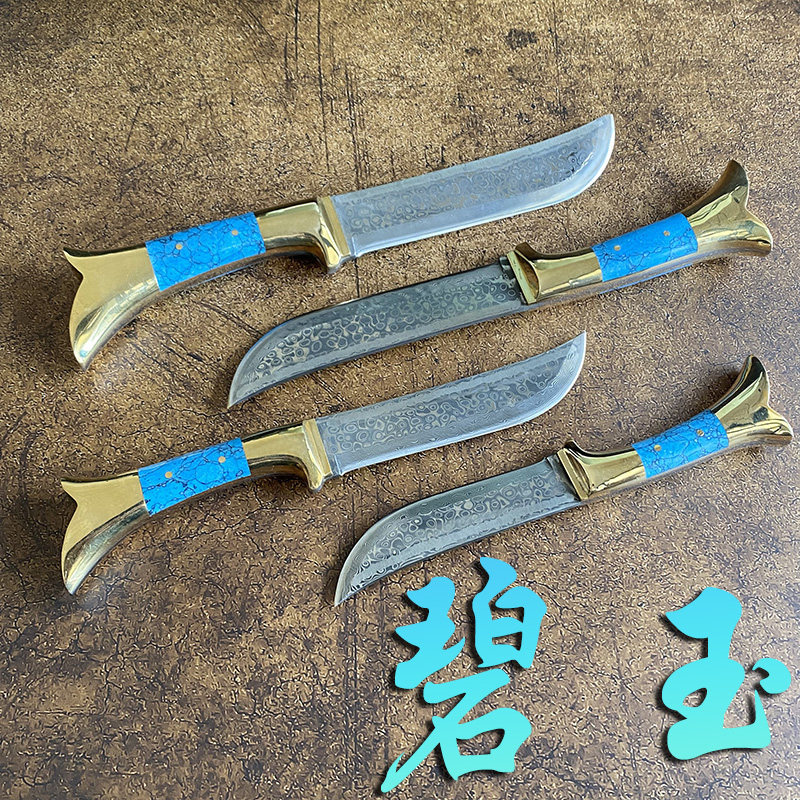 英桔沙手工刀锻打大马士革松石黄铜手柄精致美观高硬度锋利小刀