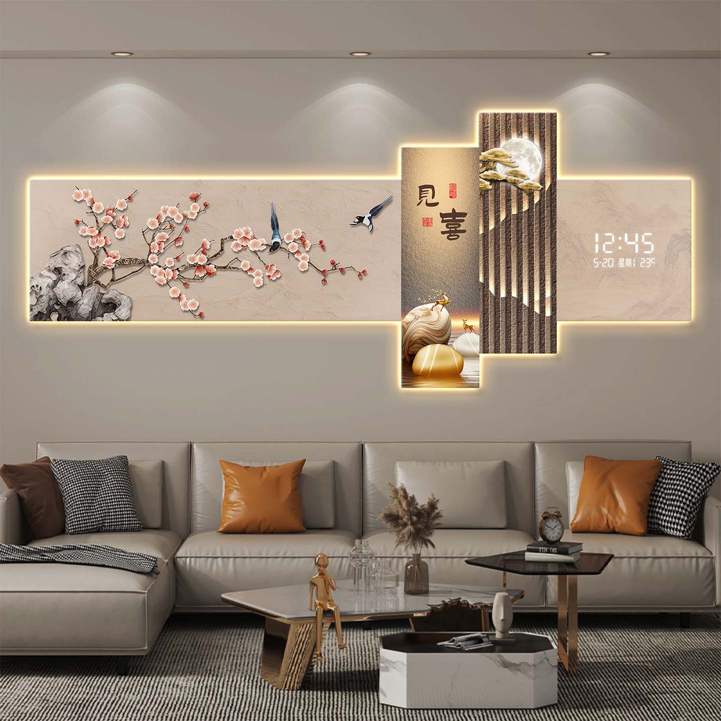 喜上眉梢客厅装饰画万年历电子钟新中式茶室挂画花鸟图时钟壁灯画