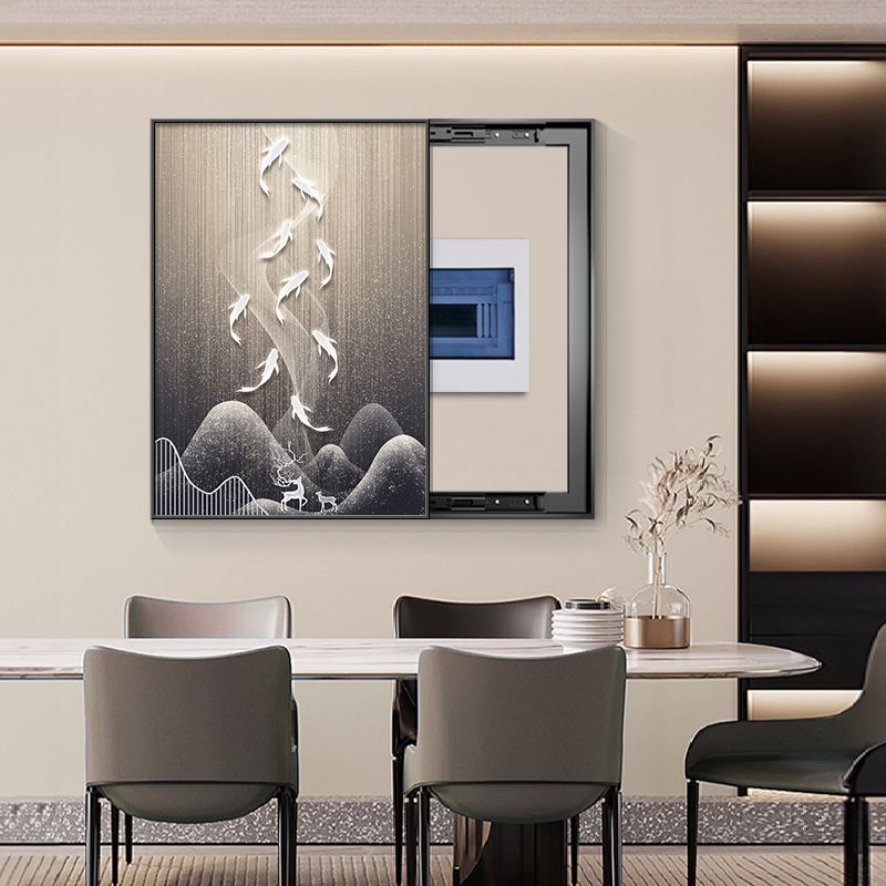 九鱼图电表箱装饰画竖款餐厅遮挡配电箱挂画石来运转电闸开关壁画图片