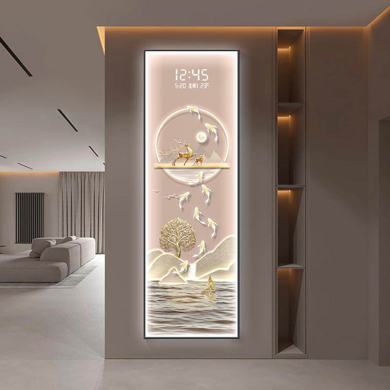轻奢九鱼图玄关装饰画电子屏客厅电视背景墙挂画竖版创意时钟壁灯