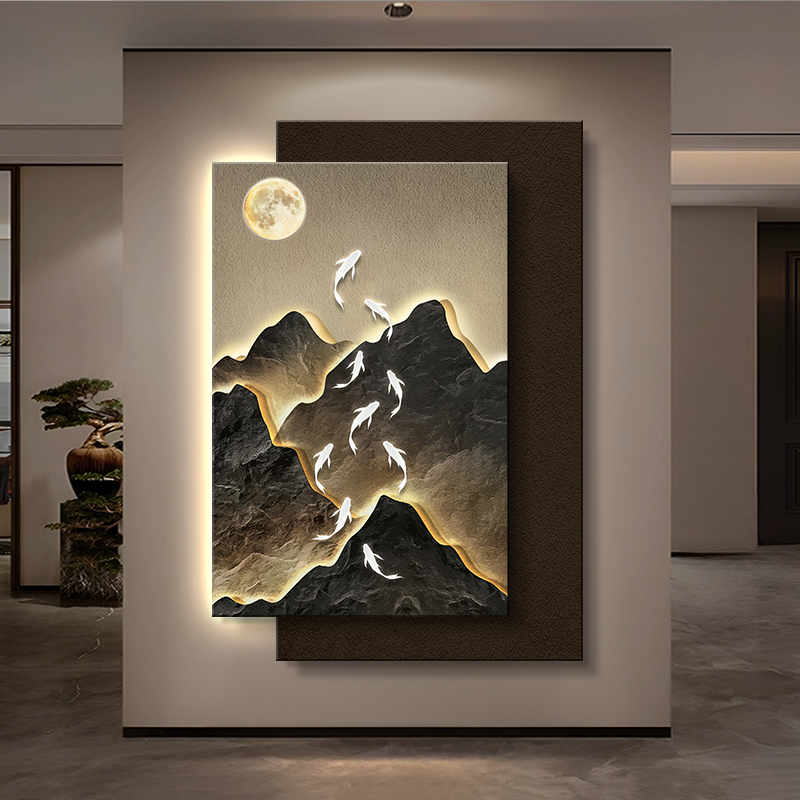 流水生财玄关装饰画轻奢入户过道走廊挂画九鱼山水客厅立体壁灯画图片