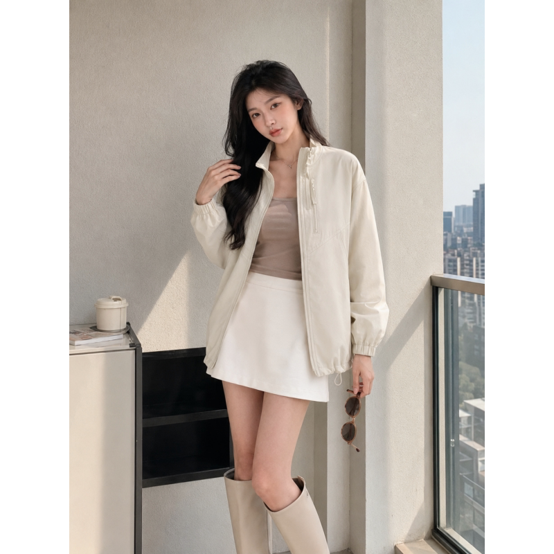 春秋韩系白色立领显瘦短外套女生