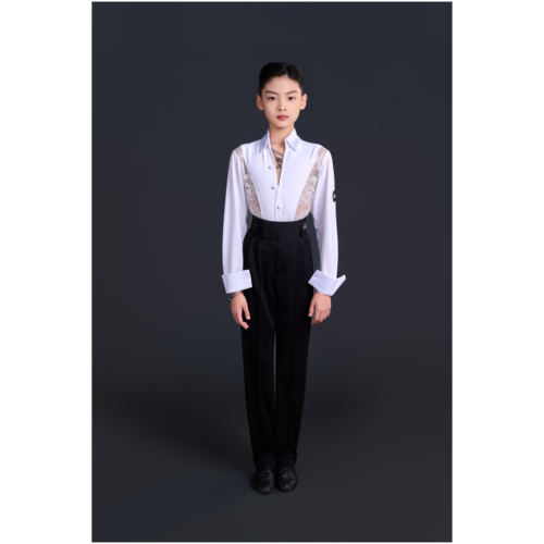 少年儿童男孩拉丁舞比赛服白色蕾丝拼接款衬衫上衣表演演出服