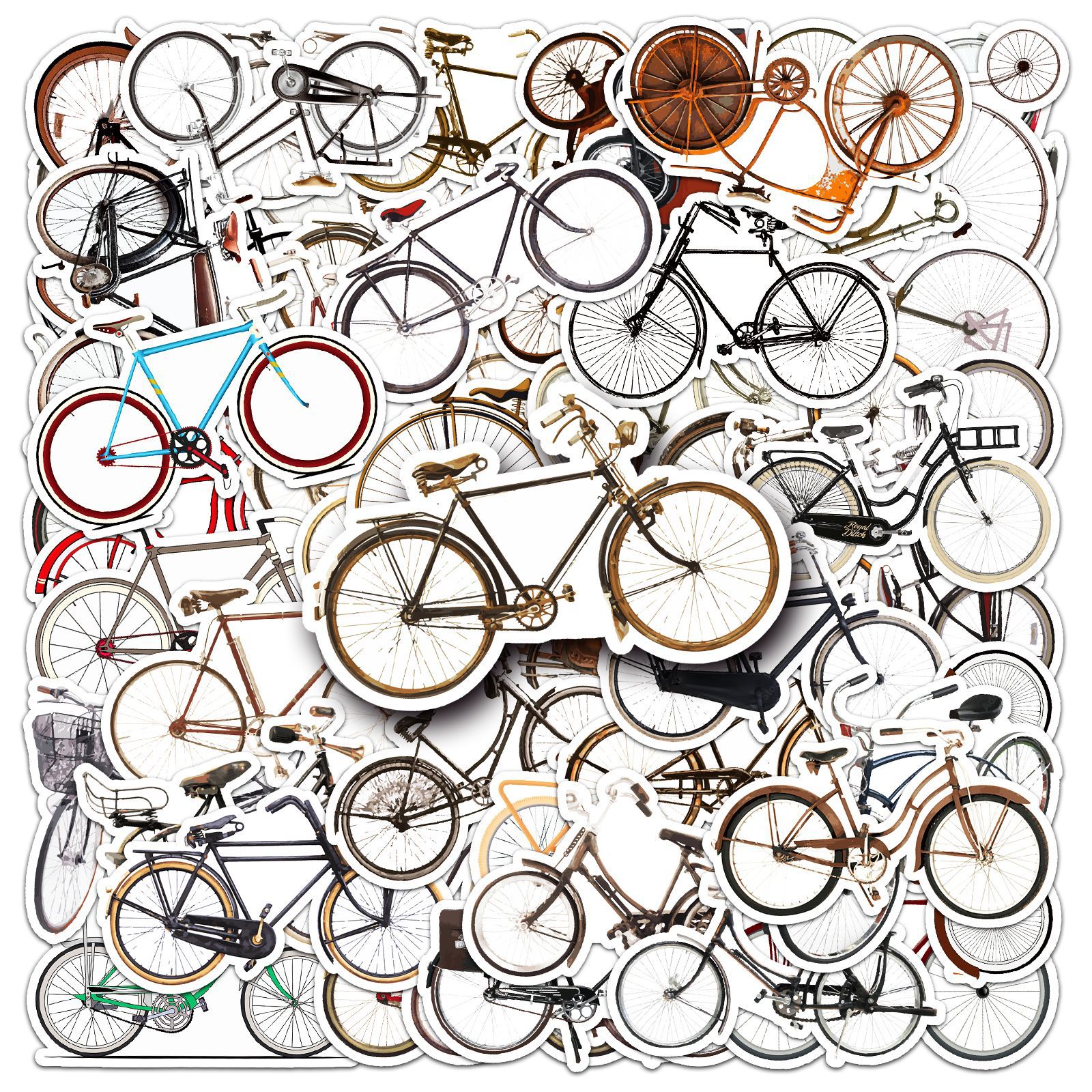 50张复古自行车贴纸交通工具贴画手机电脑行李箱手账平板装饰贴图