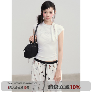 復(fù)古高領(lǐng)字母燙鉆T恤夏季 新款 CUTE 修身 顯瘦上衣 白色美式 ANNA
