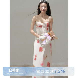 ANNA CUTE 鱼骨网纱吊带设计感印花连衣裙显瘦海边度假风长裙女