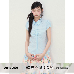 ANNA CUTE 学院风掐腰显瘦短袖女夏季泡泡袖翻领蝴蝶结系带衬衫