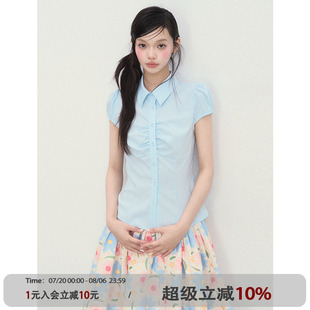 女夏季 泡泡袖 CUTE 翻領(lǐng)蝴蝶結(jié)系帶襯衫 學(xué)院風(fēng)掐腰顯瘦短袖 ANNA