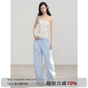 ANNA 原創(chuàng)藍(lán)色清涼設(shè)計高腰直筒休閑慵懶風(fēng)顯瘦青春闊腿褲 CUTE