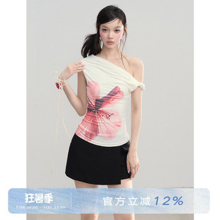 ANNA CUTE 设计感荡领斜肩辣妹短袖女花朵印花气质轻薄舒适T恤