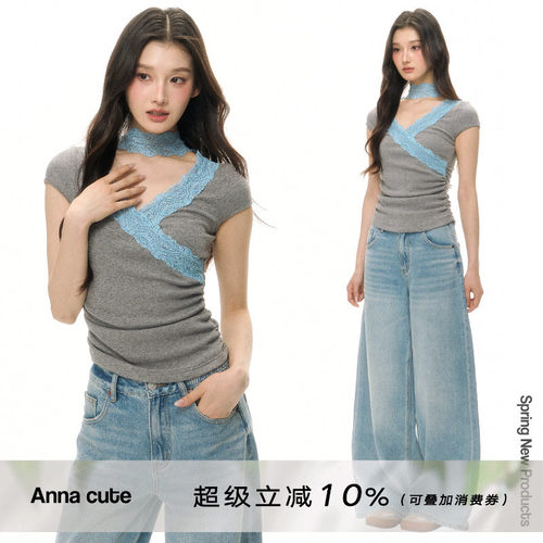 ANNACUTEV领拼接花边蕾丝短袖